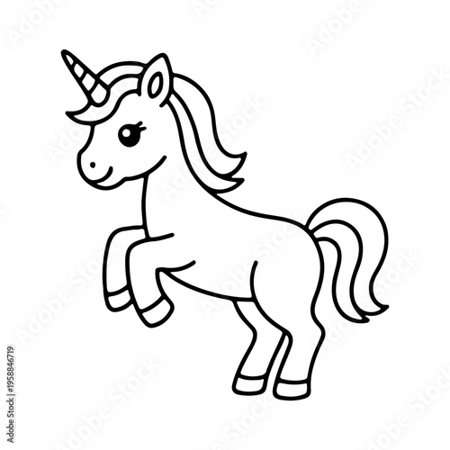 Cute unicorn standing and smiling, showcasing its colorful mane and sparkling horn in a simple line art design