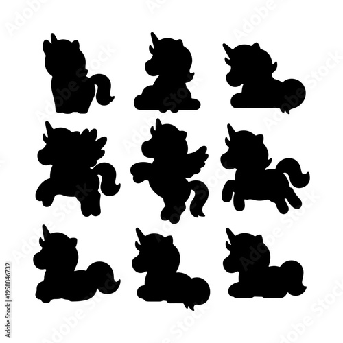 Silhouettes of unicorns displaying different poses in a creative arrangement