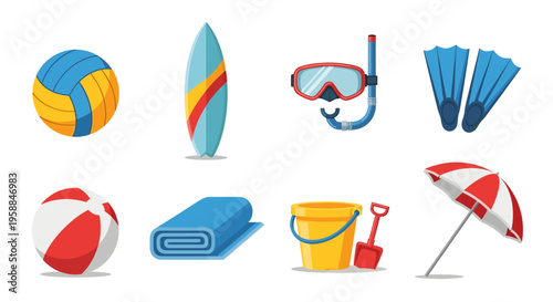 Beach icon set features a colorful collection of summer vacation items on a white background