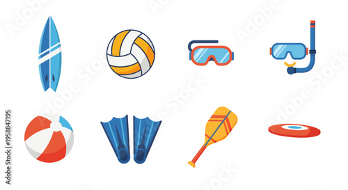 Beach icon set features a surfboard, volleyball, goggles, and other summer swimming equipment.