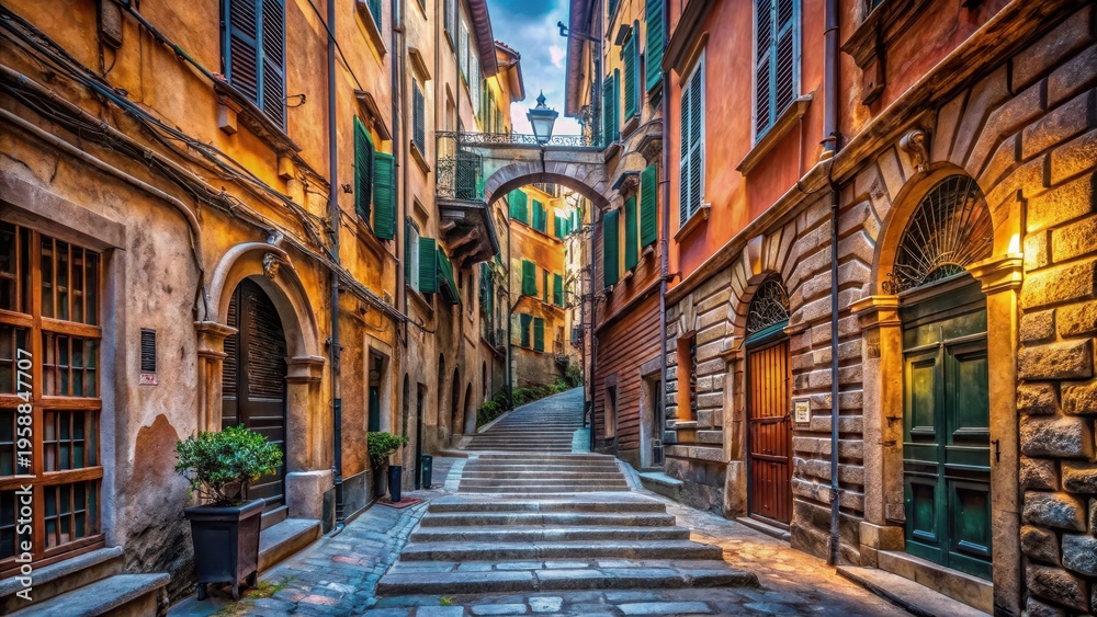 Fototapeta premium A photo of ancient cobblestone streets and weathered buildings in Genoas narrow alleys, intricate architecture, vibrant colors, historical charm, o