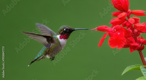 Vibrant Hummingbird Hovering Near Bright Red Tropical Flower