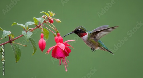 Vibrant Hummingbird Hovering Near Pink Fuchsia Flower in Nature Scene