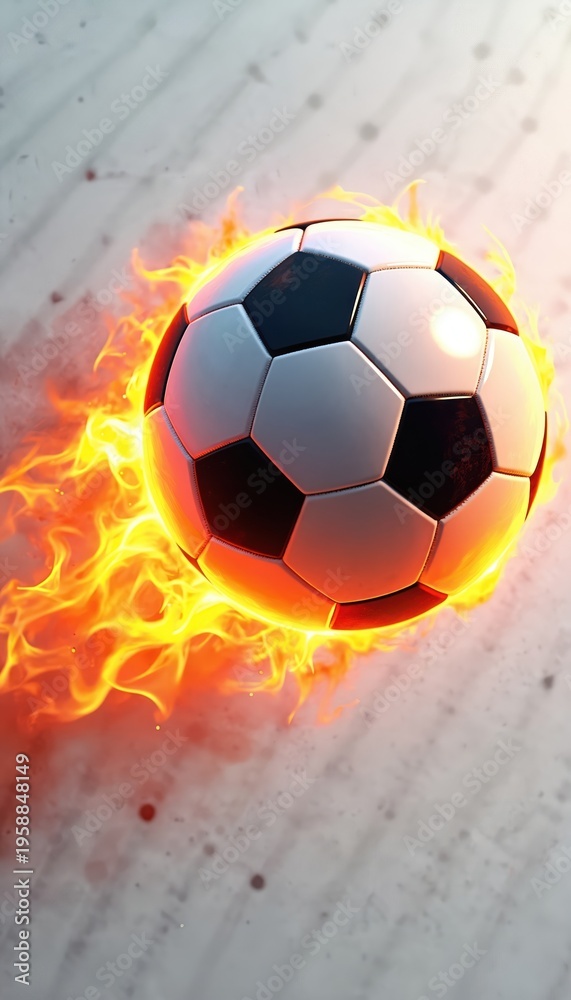 Fototapeta premium Soccer ball engulfed in bright orange flames moves fast across textured grey surface. Dynamic action shot conveys intense energy and competitive spirit in sport.