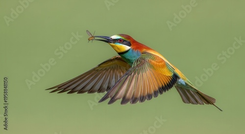 Vibrant Hummingbird in Flight with Outstretched Wings and Fueling Beak