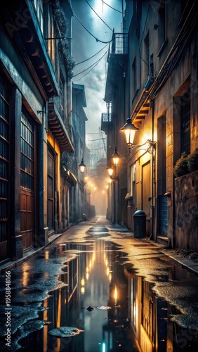 A photo of a rainsoaked alleyway at night, illuminated by the dim glow of streetlights, with puddles reflecting the wet concrete and dark, stormy clo