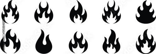 Collection of ten black flame icons fire symbol