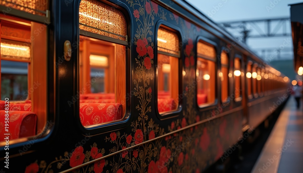 Obraz premium Ornate train carriage exterior features red floral patterns. Warm lights glow from windows showing red seats inside. A luxury travel experience at dusk.