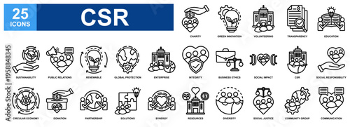 Corporate Social Responsibility (CSR) icon set collection. Containing design Charity, Sustainability, Volunteering, Education, Donation