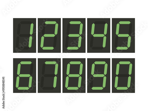 暗い背景に並ぶ斜めのグリーンデジタル7セグメント数字0-9セット