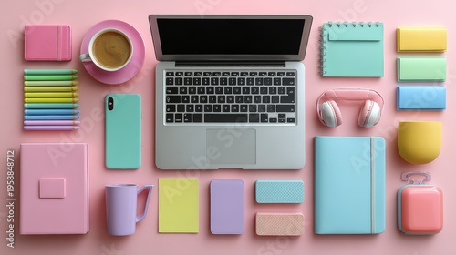 Creative Flat Lay Workspace with Laptop, Smartphone, Coffee and Colorful Stationery on Pastel