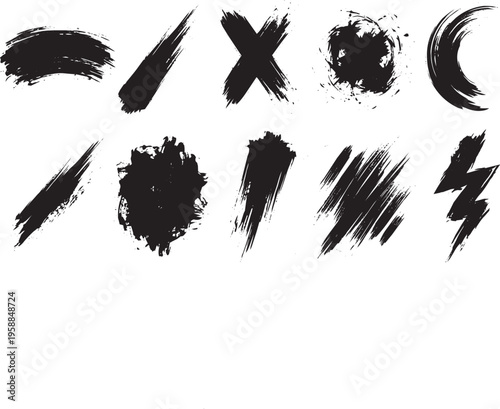 Collection of black ink brush strokes and lightning bolt designs