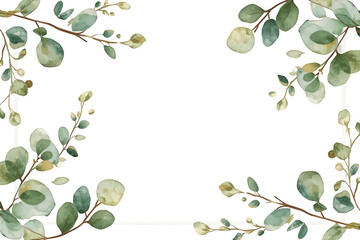 Watercolor eucalyptus leaves creating a botanical frame, natural greenery border for wedding invitations and elegant designs, transparent background
