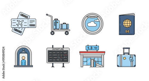 Airport icon set including travel tickets and luggage on a cart at departure board