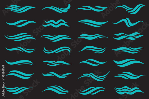 abstract collection of sea waves icons isolated on black background
