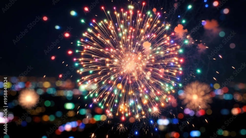 Obraz premium Fireworks bursting over blurred city skyline at night