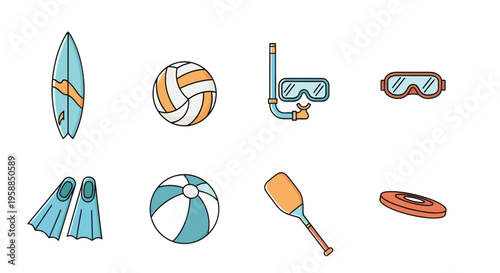 Beach icon set including surfboard, volleyball, goggles, and swimming gear.