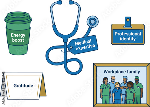 Healthcare professional support elements include a stethoscope, ID badge, framed team photo, and coffee cup.