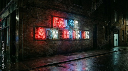 False Advertising Neon Sign Glowing on a Wet Urban Street at Night.