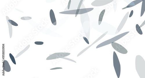 Abstract minimalist pattern of scattered translucent oval shapes and elongated forms in varying shades of blue gray and white creating a soft and dynamic visual composition