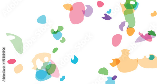 Abstract organic shapes and blobs scattered across a clean white background with translucent overlapping colors creating a playful and modern design