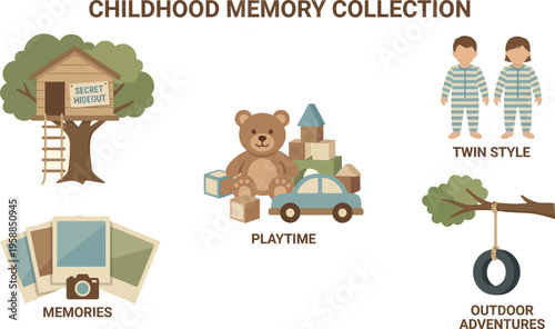 Childhood memory collection illustrates nostalgic elements like a treehouse, teddy bear, playtime toys, and outdoor tire.