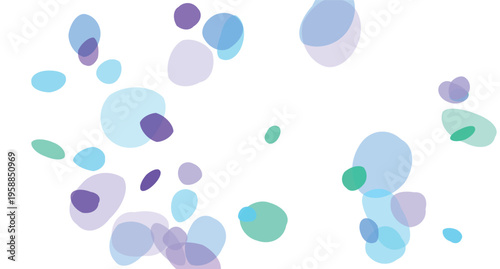 Abstract organic shapes with overlapping translucent pastel colors creating a whimsical and gentle floating pattern on a clean white background