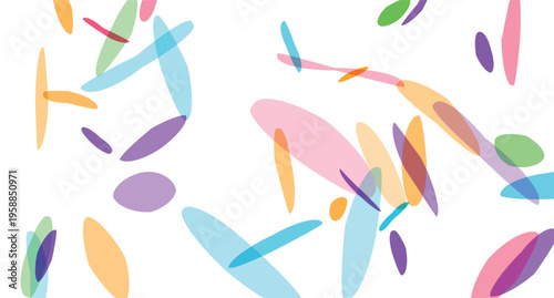 Abstract overlay of colorful translucent oval shapes scattered across a white background creating a dynamic artistic pattern
