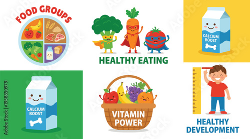 A collage of colorful illustrations depicts various concepts related to nutrition, healthy eating habits, and childhood.