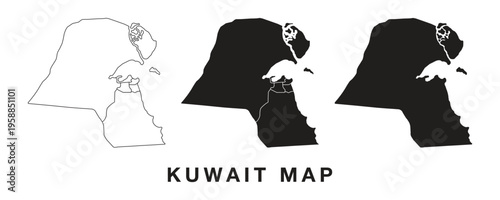 Kuwait map set with outline, silhouette and administrative borders. Minimalist vector illustration.