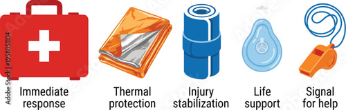 A collection of essential emergency first aid and survival kit components are illustrated against a white background for.