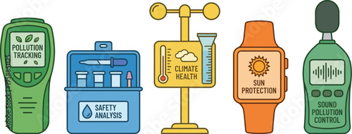 A row of environmental monitoring instruments includes pollution trackers, safety analysis kits, climate health stations,.