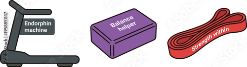 Exercise equipment graphics show a treadmill labeled for endorphins, a yoga block, and a resistance band for stretching.