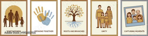 A series of graphic panels displays concepts related to family heritage, unity, and capturing memories through generations.