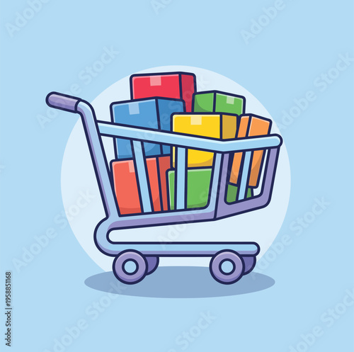 A shopping cart overflows with brightly colored, stacked rectangular boxes representing retail purchases and consumer goods.