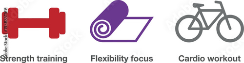 Fitness icons depict strength training equipment, a rolled yoga mat, and a bicycle for exercise routines.