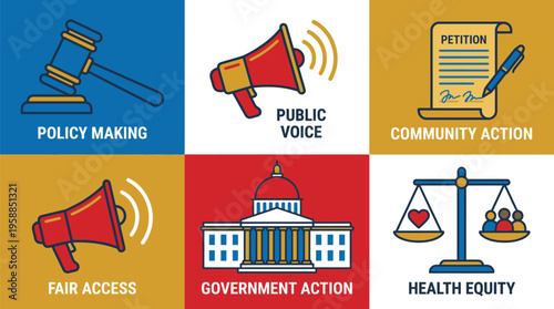 Six colorful graphic blocks represent civic engagement concepts such as policy making, public voice, and health equity.