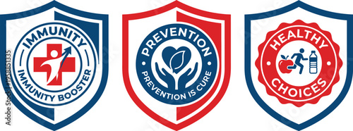 Three distinct shield emblems communicate concepts of immunity boosting, disease prevention, and making healthy dietary.
