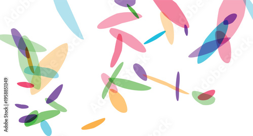 Abstract overlapping translucent oval shapes in various bright pastel colors scattered across a clean white background symbolizing diversity and creativity
