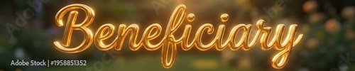 Glowing Golden Beneficiary Word in Cursive Script on a Dark Bokeh Background.