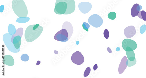 Abstract scattered amorphous shapes and blobs in pastel colors with soft transparency effects creating a gentle and organic composition on a white background
