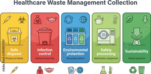 Five vertical banners detail different aspects of healthcare waste management collection and disposal processes.