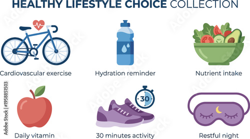 Six illustrated icons represent components of a healthy lifestyle choice collection for wellness promotion.