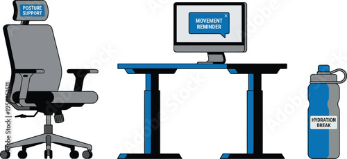 Ergonomic office setup shows an adjustable chair, height-changing desk, computer monitor displaying a scheduler, and a.