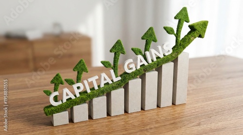 Green investment growth concept with capital gains text on a rising bar chart.