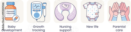 Various icons illustrate essential concepts related to prenatal care, baby development, and parental support services.