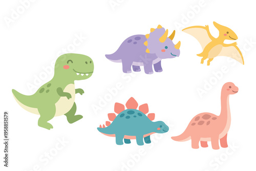 Adorable Dinosaur Character Collection, T-Rex, Triceratops, Stegosaurus, Pterodactyl, and Brontosaurus, Flat Vector Illustration for Boys and Girls