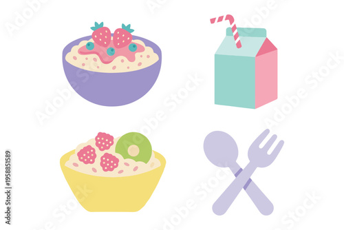 Healthy Breakfast and Snack Set, Smoothie Bowl with Fruits, Yogurt, Milk Carton, Spoon and Fork, Cute Flat Vector Illustration for Food Content