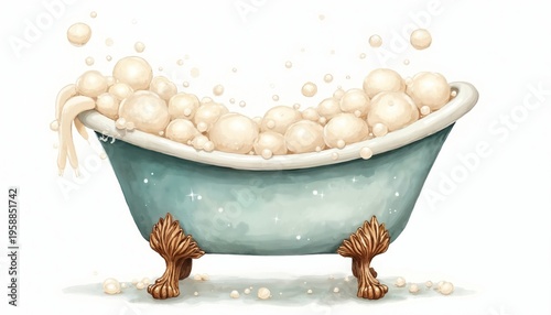 Vintage bathtub filled with fluffy bubbles and water for a relaxing bath. The antique tub has ornate feet and a soft creamy towel draped over the side for ultimate comfort.