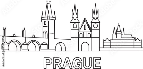 Prague Skyline Outline Line Art With Iconic Architecture And Bridge
